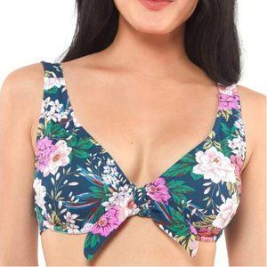 NWT Jessica Simpson Floral-Print Tie-Front Bikini Top, Size L, D Cup